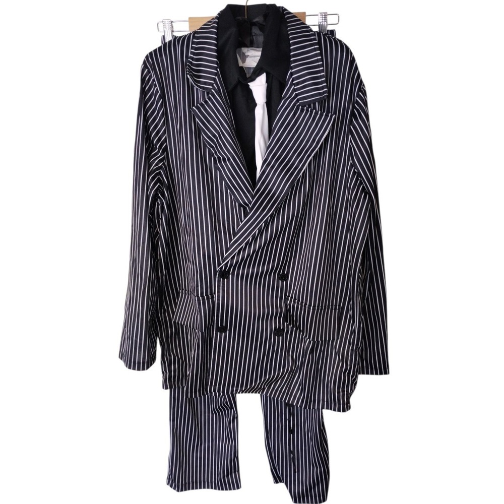 Mens Black Pinstripe Gangster Costume Set Jacket Pants Dickey Tie Medium 40-42